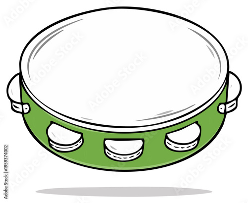Green tambourine musical instrument with white head viewed at an angle simple cartoon illustration