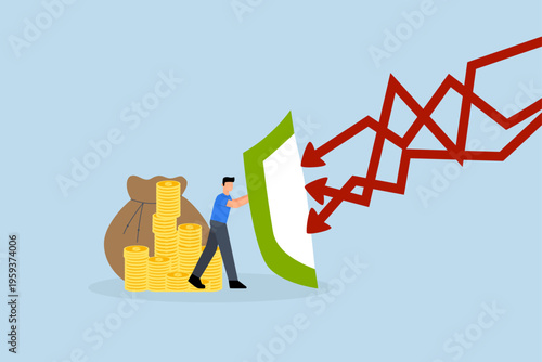 Financial security, powerful businessman wielding shield to guard against red arrow assaulting financial stability
