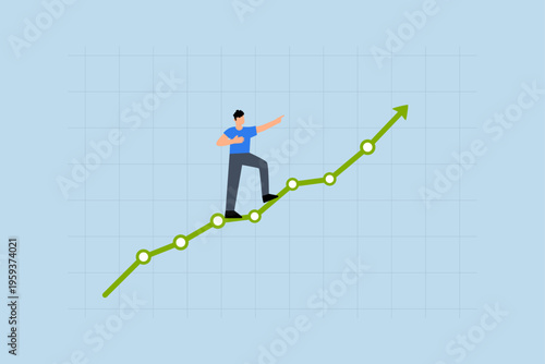 Profit growth, entrepreneur gesturing upwards with increasing financial chart and graph