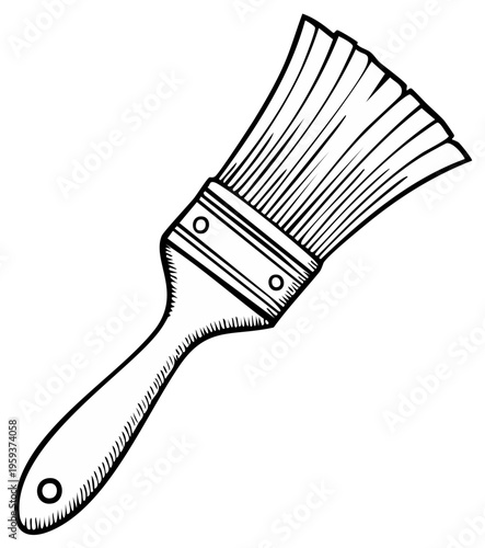 Detailed black and white illustration of a paint brush for art or decoration.