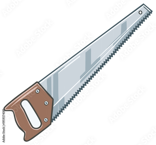 Cartoon illustration of a hand saw on a white backdrop