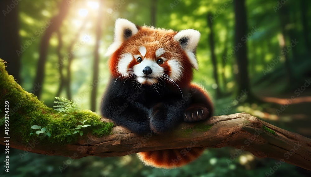 Fototapeta premium Red panda sitting on a mossy tree branch in a lush green forest with sunlight filtering through
