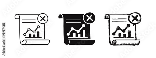 Rejected report or canceled statistics document icon set, showing a graph with a cross mark
