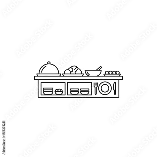 Minimalist Line Art Illustration of a Kitchen Buffet with Food and Utensils