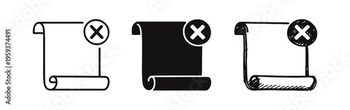 Document rejection or cancellation icon set, featuring a paper with a red cross symbol