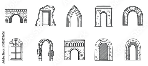 Various hand drawn architectural arch structures and gateways for building, construction, history, or fantasy themed projects and graphic assets