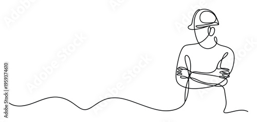 Single continuous line drawing of an engineer or construction worker in a hard hat with crossed arms, perfect for professional industry presentations, architectural branding, and corporate
