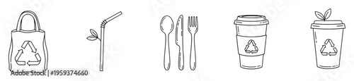 A collection of sustainable and reusable items including a tote bag with a recycling symbol, a straw, cutlery, and coffee cups, perfect for promoting an ecofriendly lifestyle and reducing