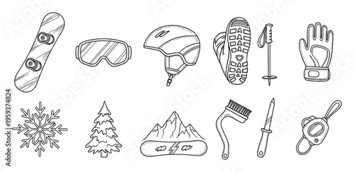 Collection of hand drawn outline doodles featuring essential snowboarding gear winter outdoor elements and mountain sports equipment for seasonal adventure themed projects