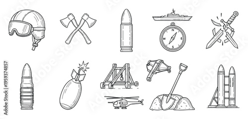 Collection of hand drawn military and warfare related objects featuring various combat equipment, weapons, and historical war machines perfect for digital media and educational use.