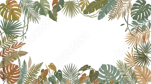 A vibrant jungle-themed border composed of various tropical leaves and vines, creating a natural frame for content.