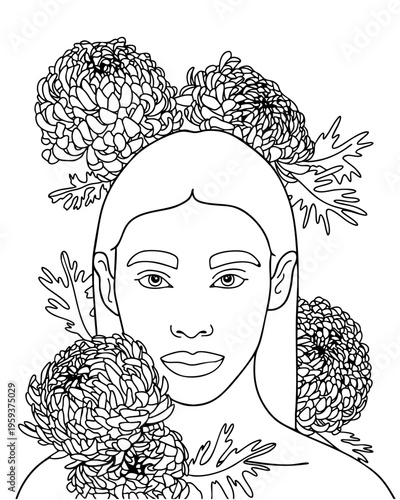 Woman Portrait with Flowers Coloring Page, Line Art Hand Drawing