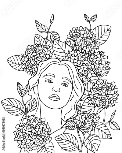 Young Woman with Hydrangeas Coloring Page, Line Art