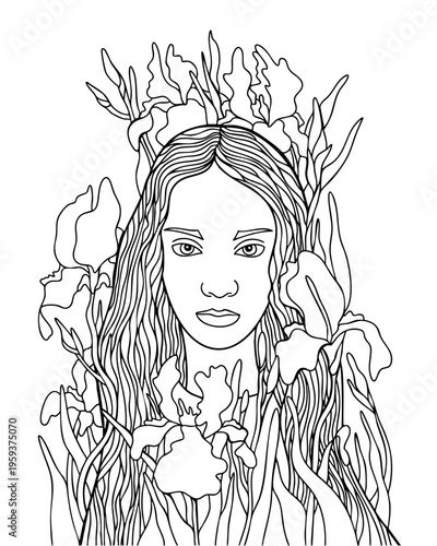 Woman Portrait with Iris, Coloring Sheets Outline Art for Adult