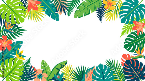 A vibrant tropical foliage border with colorful flowers and lush green leaves framing a blank white space.