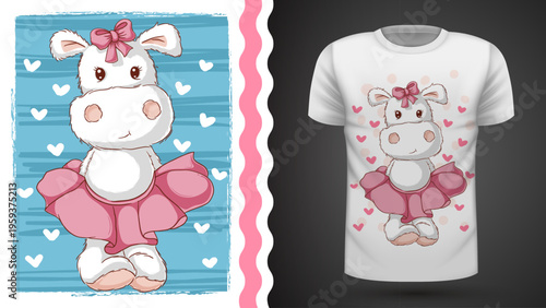 Cute cartoon hippo ballerina with tutu and bow, t-shirt design
