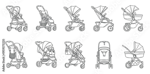 Collection of baby strollers and prams featuring various types of infant carriages and pushchairs perfect for parenting blogs nursery decor and child product catalogs