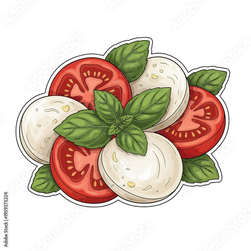 Caprese Salad Ingredients: Tomato, Mozzarella, Basil - Fresh Italian Food Illustration