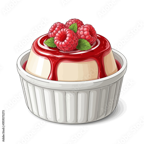 Creamy Panna Cotta with Raspberry Topping and Fresh Mint