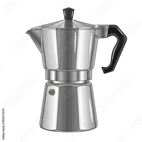 Classic stovetop moka pot coffee maker, metallic silver, isolated on white background