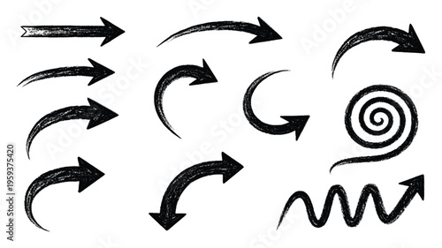 A collection of hand drawn arrows and direction symbols with a textured charcoal effect perfect for guiding users or emphasizing movement in various informational graphics.