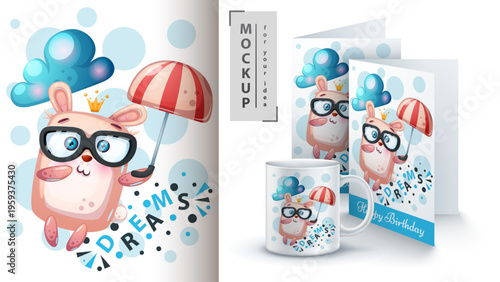 Cute cartoon rabbit wearing glasses, holding umbrella, dreaming