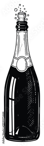 Dynamic hand drawn illustration of an uncorked sparkling champagne bottle with celebratory bubbles, perfect for festive event invitations, restaurant menus, or holiday greeting promotions.