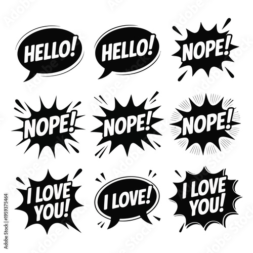 A set of comic book style speech bubbles with various phrases
