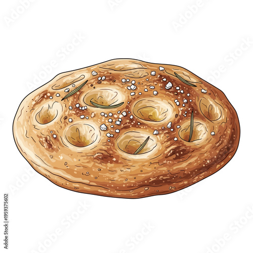 Focaccia bread with rosemary and sea salt, illustration