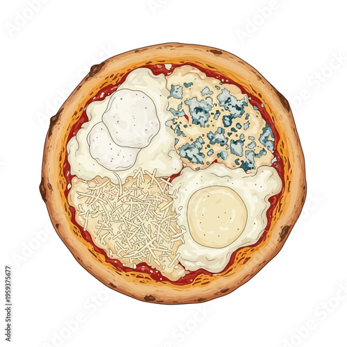 Gourmet four cheese pizza with egg, illustrated, isolated on white