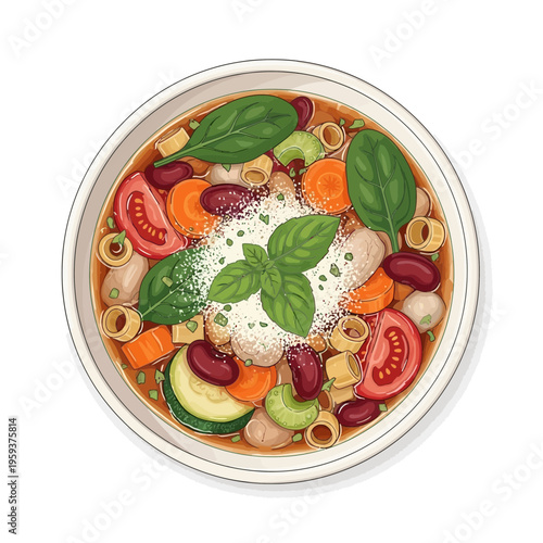 Hearty Minestrone Soup with Pasta, Beans, and Vegetables in Bowl
