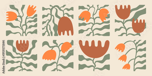 Hand drawn wavy flowers and leaves infantile naive style. Modern vector botanical illustration with irregular shapes. Collection of framed flowers for interior decoration, textiles, T-shirts.