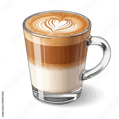 Latte Art Coffee Cup with Heart Design, Layered Beverage