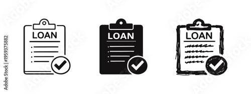 Approved Loan Document Icon Set: Financial Agreement and Application Checkmark Symbols