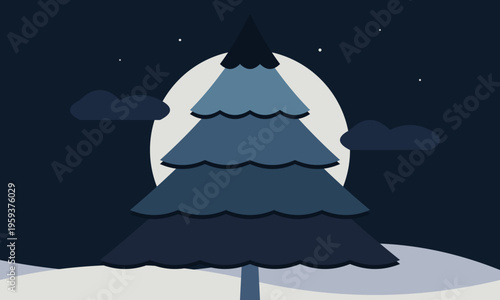 A minimalist flat illustration of a lone pine tree standing under a bright full moon at night