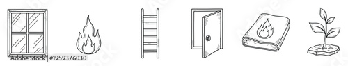 Hand drawn safety and home related outline icons including a window, fire, ladder, door, fire blanket, and plant, suitable for educational materials or graphic interfaces
