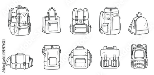 Diverse selection of travel bags and backpacks for outdoor adventures, urban exploration, student life, and daily commutes, ideal for various lifestyle and educational marketing projects.