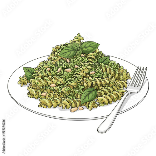 Pasta fusilli with pesto sauce, pine nuts, and basil leaves on white plate with fork