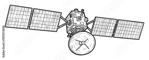 A detailed sketch of a communication satellite with large solar panels and a prominent dish antenna for global connectivity and space technology themes.