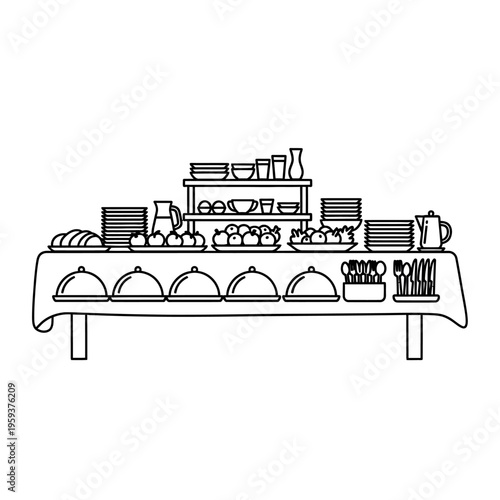 Minimalist Line Drawing of Buffet Table with Food Serving Dishes and Utensils