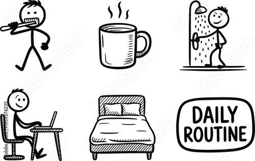 Daily Routine Doodle Icons Collection with Morning Coffee, Work Desk, Bedtime and Lifestyle Activities Vector Set