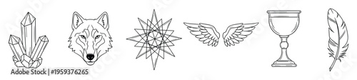 Mystical spiritual symbols with crystals, wolf head, geometric star, wings, chalice, and feather perfect for occult branding, magic projects, and soulful apparel designs.