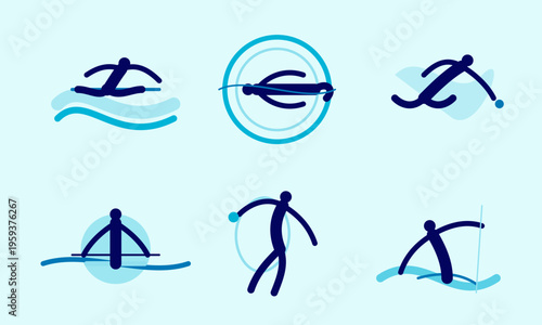 Set of six minimalist blue icons representing different water sports and aquatic human activities