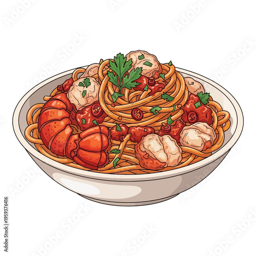 Spaghetti with Lobster and Scallops in Tomato Sauce, Garnished with Parsley