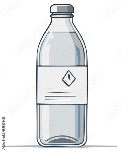 Glass bottle with clear liquid and warning symbol on label for chemicals or medicine