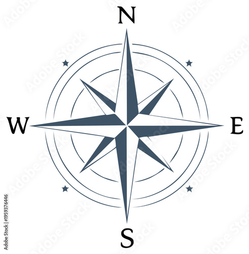 Classic compass rose graphic with north south east west directions and decorative stars