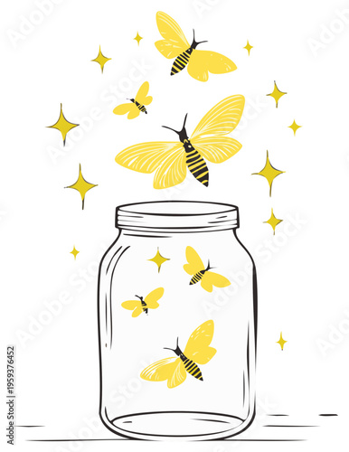 Glowing fireflies flying from an open glass jar with magical twinkling lights illustration