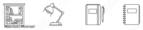 Minimalist line icons for home office and study essentials including a small bookshelf filled with books, an adjustable desk lamp, a journal with a pen, and a spiral notebook, ideal for
