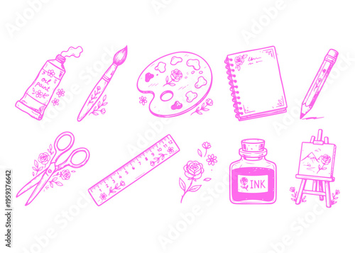 Hand Drawn Artist Tools Doodle Set with Paint Tube Brush Palette Sketchbook Pencil Scissors Ruler Ink Bottle and Easel in Minimal Line Art Style for Creative Studio Branding Scrapbooking and Design