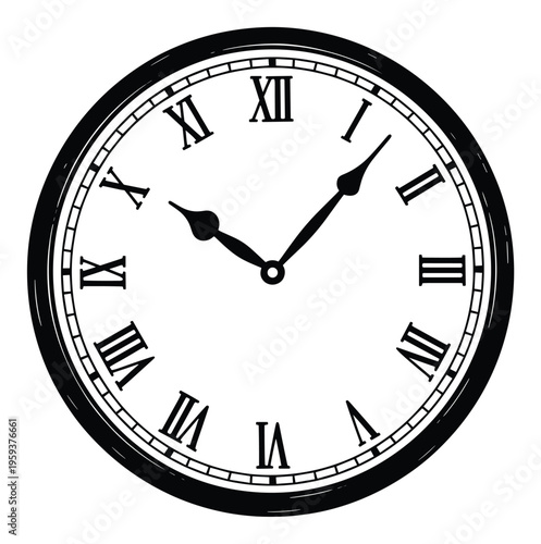 A classic vintage style round clock face featuring Roman numerals and elegant black hands, suitable for concepts of time, history, deadlines, or schedules in various media